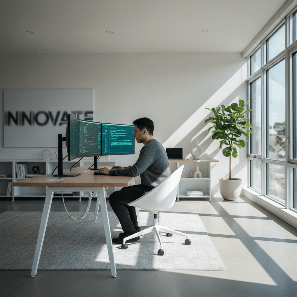 Software engineer reviewing code on multiple monitors