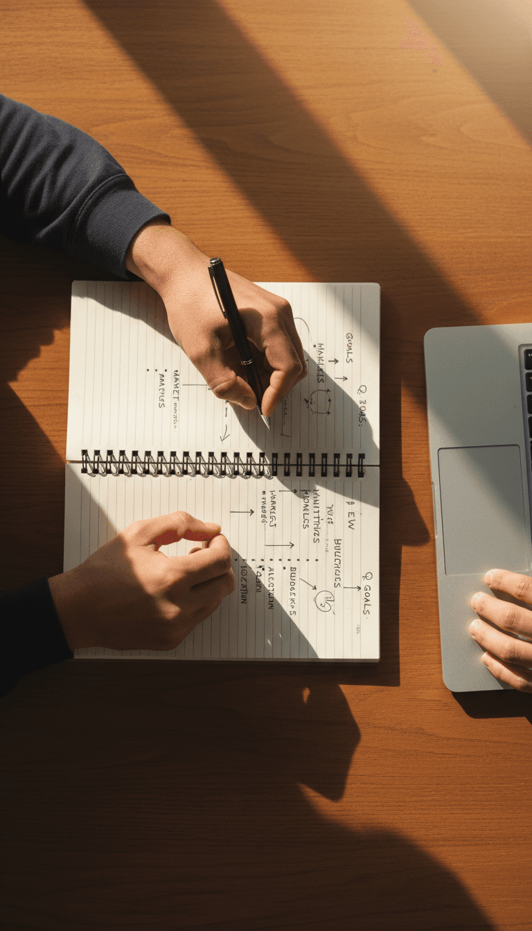 Hands writing notes during a strategy meeting