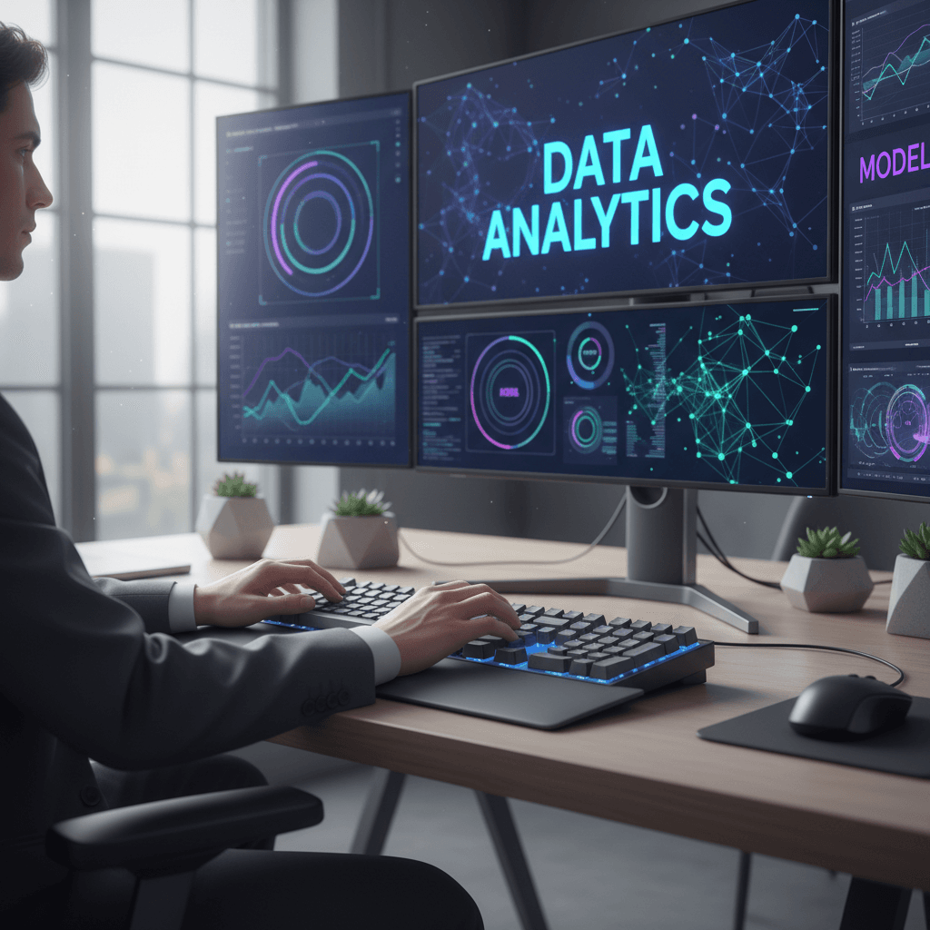AI strategy showing data scientist working with machine learning models and analytics