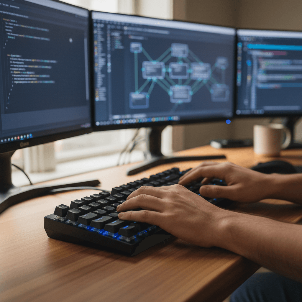 IT consultant working at desk with dual monitors