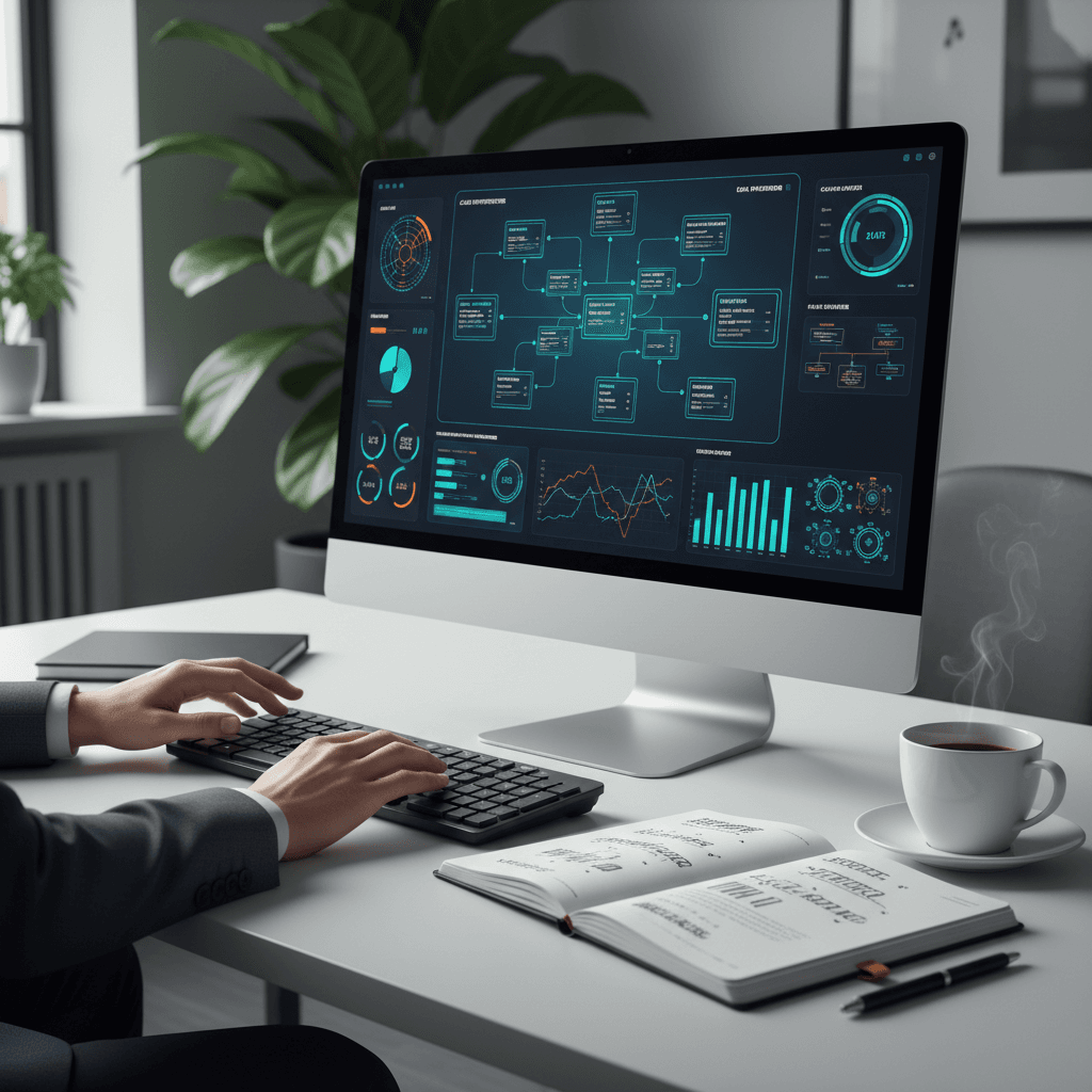 IT consultant reviewing digital transformation strategy and analytics on computer monitors