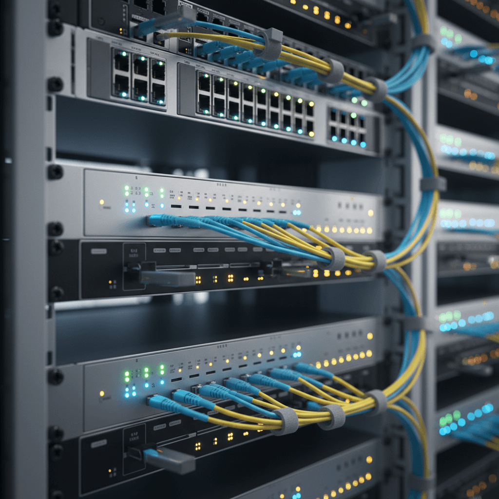 Infrastructure optimization showing well-organized network and server monitoring equipment