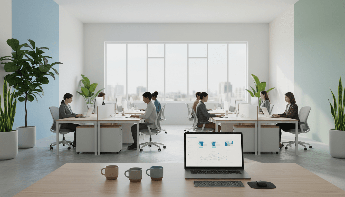 Digital transformation showing modern workplace with collaborative technology and diverse team